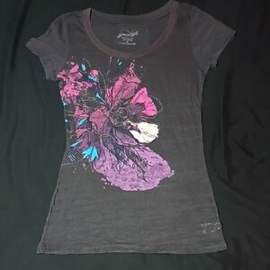 Grane Black Short Sleeve Scoop Tee with Purple & Pink Floral Print